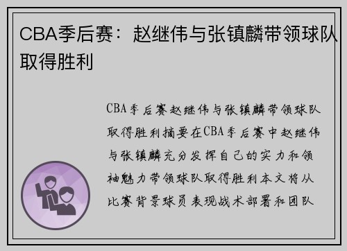 CBA季后赛：赵继伟与张镇麟带领球队取得胜利